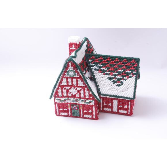 Platic Canvas Knitted Christmas House, 7 1/2" Tall, Red-White, Red Walls, - Picture 2 of 3